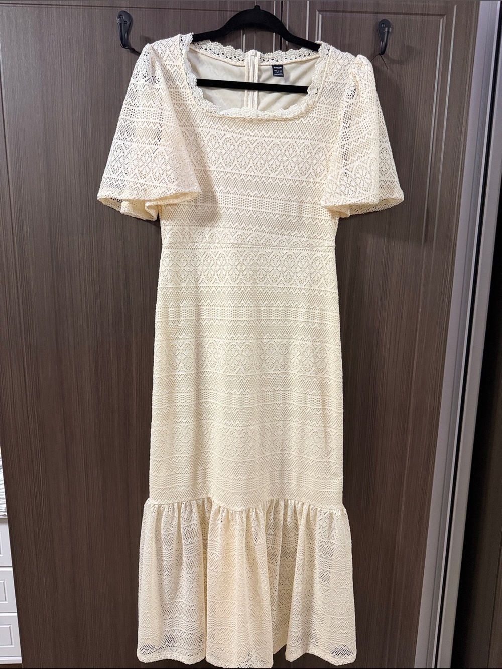 SHEIN Cream Lace Square Neck Midi Dress with Ruffle Hem